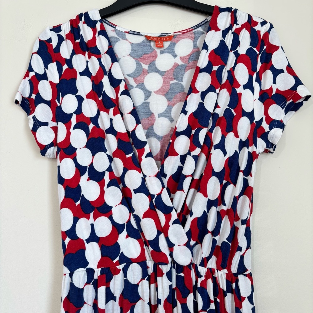 Modcloth short sleeve red navy white bold polka dots wrap V-neck pull over dress - Picture 8 of 16